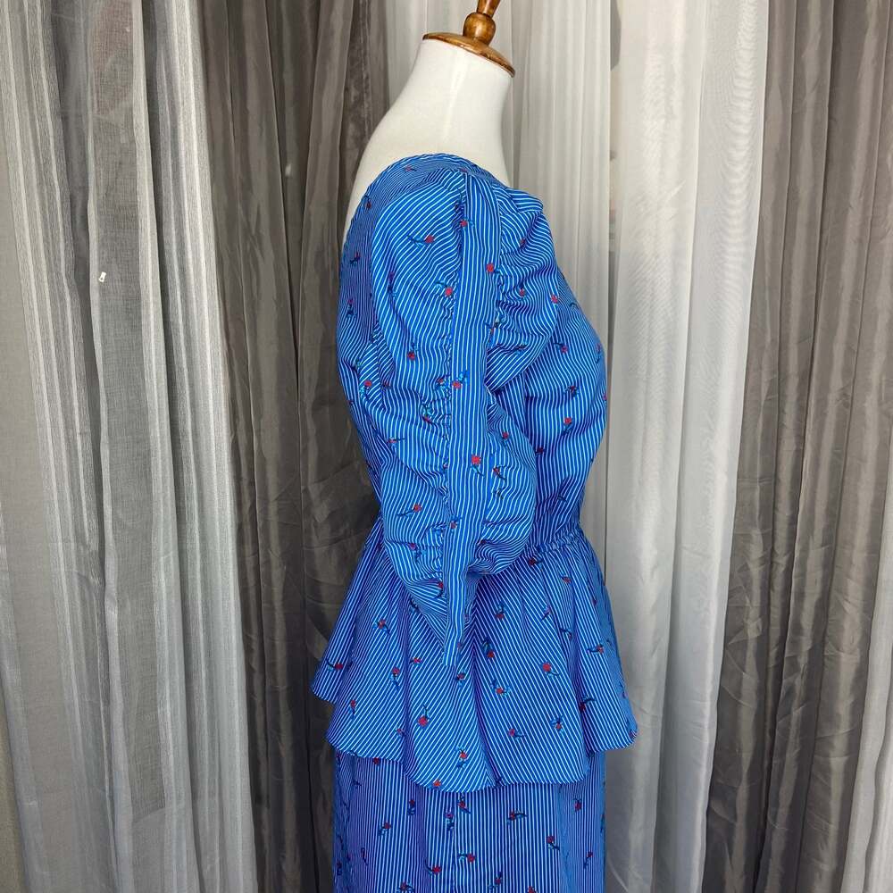 Floral Blue Pinstripe Peplum Dress - Picture 4 of 6